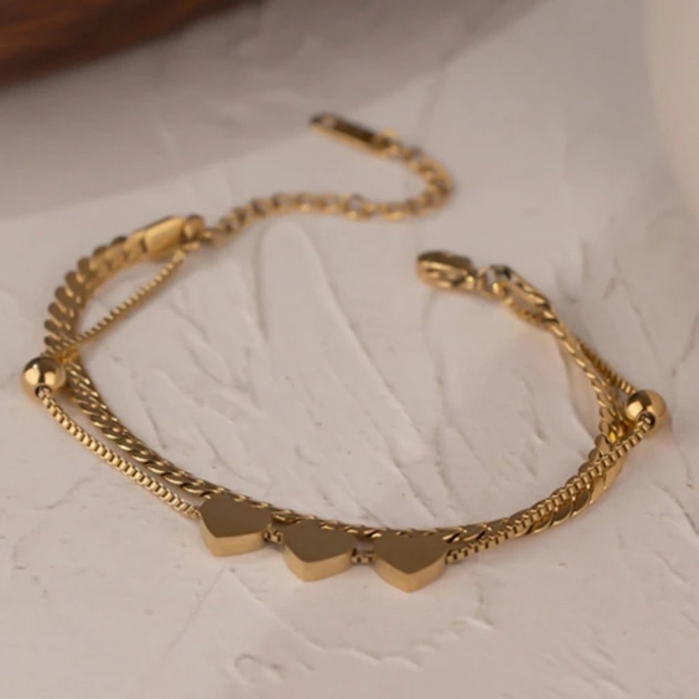 New 18k Gold Plated Triple Heart Double Layer Chain Bead Bracelet